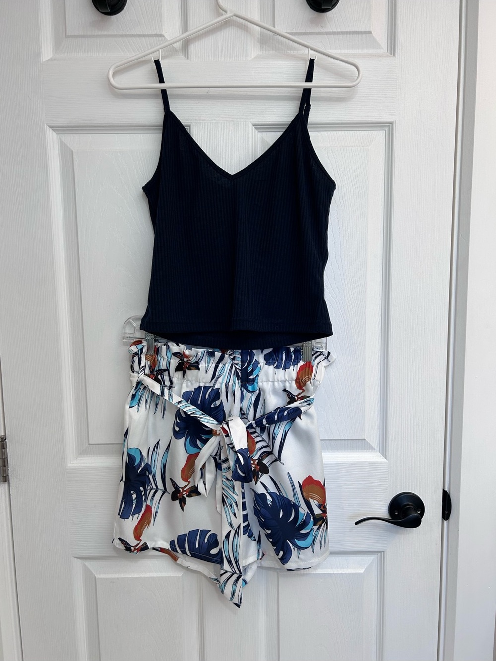 SHEIN White Floral Print Shorts with Teal and Orange Details